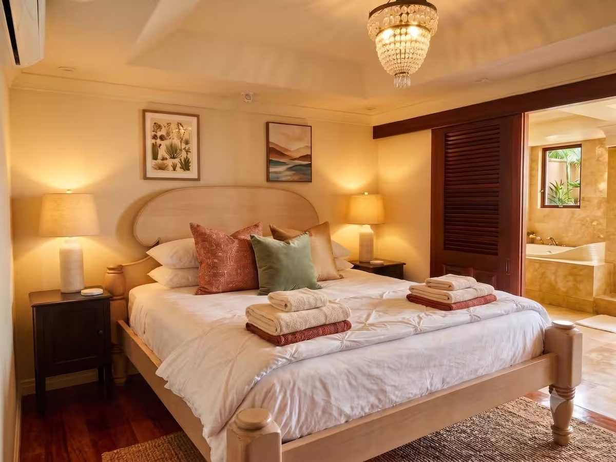 King bedroom with a pale carved-wood bed, crystal chandelier, bedside lamps and a louvred door open to the marble bathroom