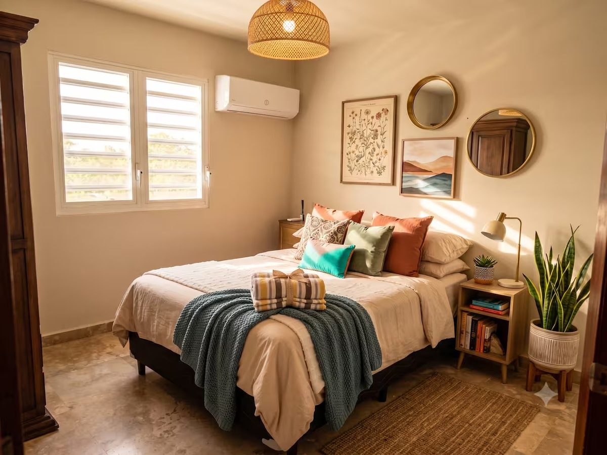 Queen bedroom with white shutters, woven rattan pendant, round brass mirrors and a small bookshelf